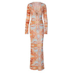 Contrast print o ring v neck long sleeve maxi dress
