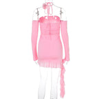 Long sleeve off shoulder flower applique ruffle ruched mini dress