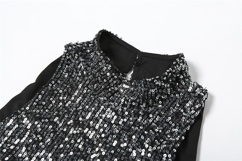 Glitter hollow out high neck button sleeveless mini dress