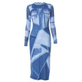 Denim print long sleeve contrast crewneck slit midi dress