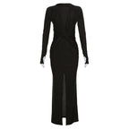 Knotted slit solid long sleeve ruched maxi dress