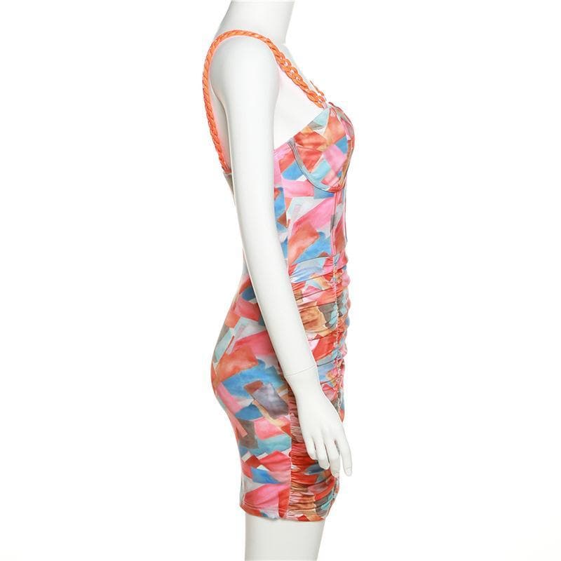 Chain strap ruched print bodycon dress