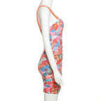 Chain strap ruched print bodycon dress