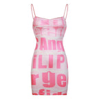 Ruched letter print spaghetti strap contrast backless mini dress