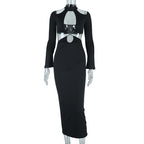Hollow out cross front solid long sleeve halter midi dress