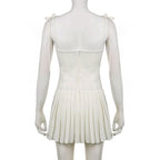 Pleated solid corset button self tie zip-up mini dress