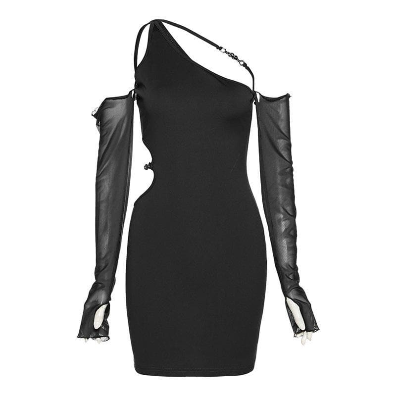 Long mesh sleeve off shoulder hollow out irregular dress