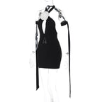 Flower applique contrast self tie halter backless hollow out mini dress