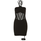 Flower applique halter mesh patchwork backless mini dress