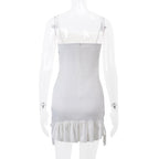 Metal applique contrast square neck ruffle spaghetti strap mini dress