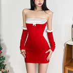Contrast patchwork gloves fluffy ruffle backless tube mini dress