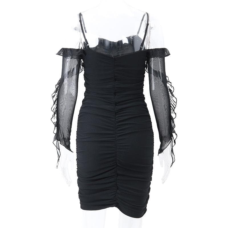 Solid ruched backless ruffle mesh mini dress
