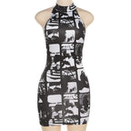 Plaid contrast halter backless sleeveless mini dress