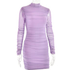 Mesh ruched zip-up long sleeve solid high neck mini dress