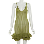 Crochet v neck sleeveless hollow out ruffle mini dress