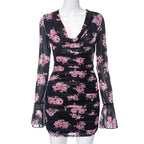 Long flared sleeve cowl neck ruffle flower print sheer mesh mini dress