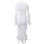 Long sleeve hollow out ruched o ring shrug cami midi dress