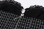 Long sleeve mesh plaid bowknot lace up shrug 2 piece mini dress