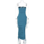 Ruched backless solid drawstring tube midi dress