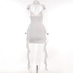 Ruched solid v neck ruffle flower applique cami mini dress