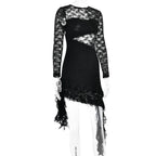 Lace backless solid ruffle long sleeve irregular mini dress