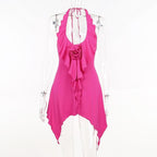 Halter flower applique backless ruffle u neck solid mini dress