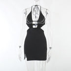 Beaded solid halter backless hollow out slit mini dress
