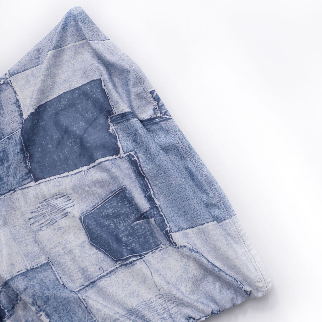 Denim print irregular ruched backless contrast tube mini dress
