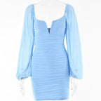 Mesh solid long sleeve ruched notch neck zip-up mini dress
