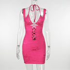 Halter o ring lace up lace backless hollow out solid mini dress