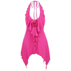 Halter flower applique backless ruffle u neck solid mini dress