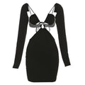 Long sleeve hollow out solid beaded backless self tie mini dress