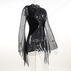 Mesh crewneck long sleeve see through embroidery mini dress