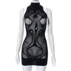 Fishnet sleeveless hollow out high neck see through mini dress