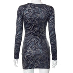 Button hollow out long sleeve round neck ripple contrast mini dress
