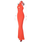 Cross front solid hollow out halter backless 2-way maxi dress