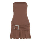 Ribbed buckle ruched ruffle solid backless tube mini dress