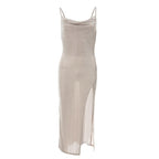 Cowl neck slit backless solid irregular cami midi dress
