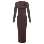 Ruched solid long sleeve zip-up maxi dress