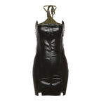 Slit PU leather contrast patchwork halter backless mini dress
