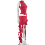 Hollow out irregular ribbon sleeveless high neck mini dress