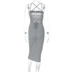 Cross back lace up self tie backless solid square neck midi dress