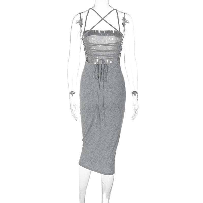 Cross back lace up self tie backless solid square neck midi dress