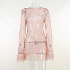 Long sleeve solid see through sheer mesh fluffy round neck mini dress