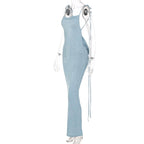 Cowl neck backless self tie solid ruched maxi dress