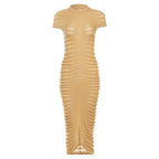 Knitted solid short sleeve crewneck see through maxi dress