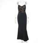 Lace patchwork v neck backless cami maxi dress
