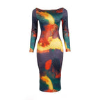 Contrast print long sleeve self tie backless midi dress