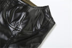 Slit PU leather contrast patchwork halter backless mini dress