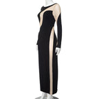 Mesh patchwork contrast irregular long sleeve maxi dress